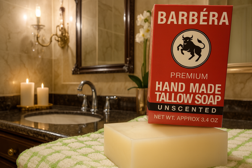 A close-up photograph of a red box labeled 'BARBERA Premium Hand Made Tallow Soap (Unscented, 3.4 oz) featuring a black bull logo, positioned behind an unpackaged block of the cream-colored soap. Both items are resting on a patterned green and white towel in a luxurious bathroom setting, which includes a marble countertop, an under-mount sink, two lit candles, and an ornate mirror with an antique brass wall sconce in the background.