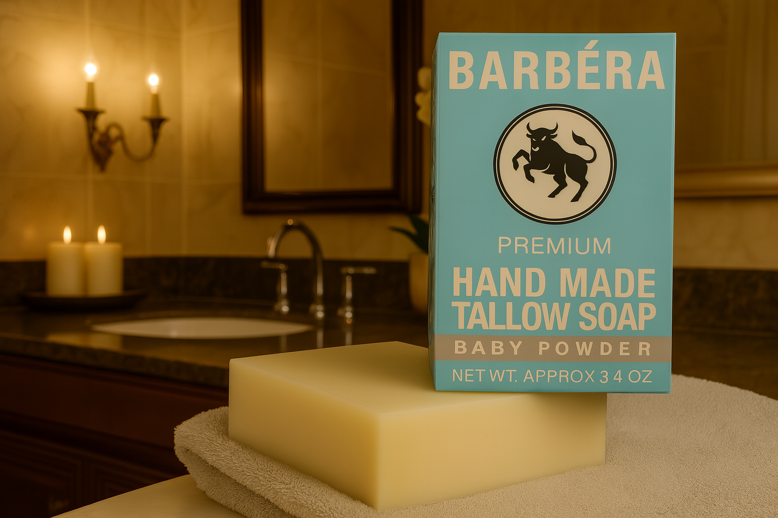 A close-up photograph features a light blue box of "BARBERA Premium Hand Made Tallow Soap" scented as "Baby Powder" in a well-appointed, softly lit bathroom setting. A large, unscented block of cream-colored soap rests on a light gray towel in the foreground, with the product packaging standing behind it. In the background, there is a dark marble countertop with a built-in sink, a large, dark-framed mirror, and a brass wall sconce with glowing candles, reflecting the warm atmosphere.